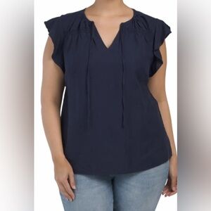 Cynthia Rowley | NWOT Linen Blend Boho Flutter Sleeve Front Tie Black Blouse 1X